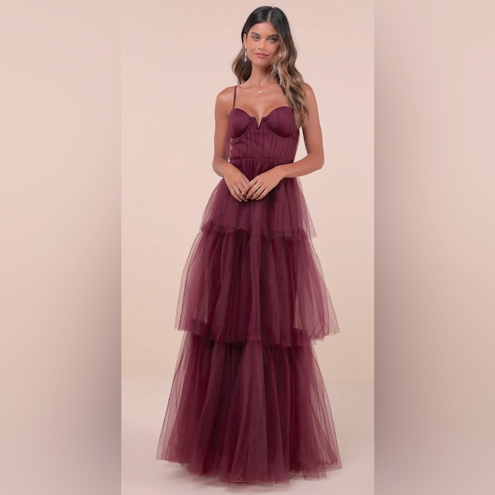 Lulus Unforgettable Poise Plum Purple Tulle Bustier Tiered Maxi Dress sz Lg